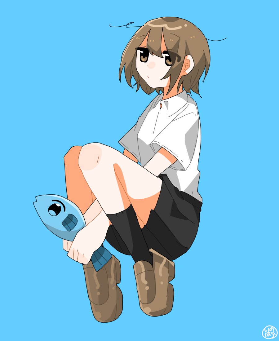 1girl solo shirt brown hair white shirt blue background socks  illustration images