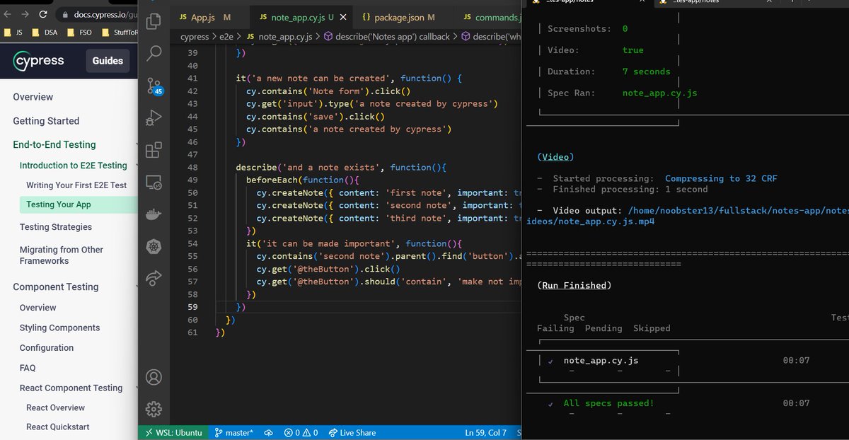 jump3rhood's tweet image. Day 10 of #100DaysOfCode 
Fullstack Open: (Part 5)
- unit testing react components using react testing-library
- e2e testing using Cypress @Cypress_io 
#fullstackopen #end2endtesting #javascript #reactjs