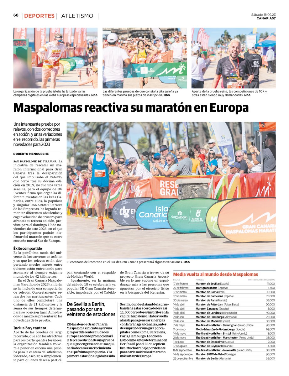 GCMMarathon's tweet photo. #Comunicación | El diario CANARIAS7 le dedica un reportaje al arranque del Gran Canaria Maspalomas Marathon (#gcmmarathon) enfilando hacia el 19 de noviembre de 2023. https://t.co/4GBtTjyiry