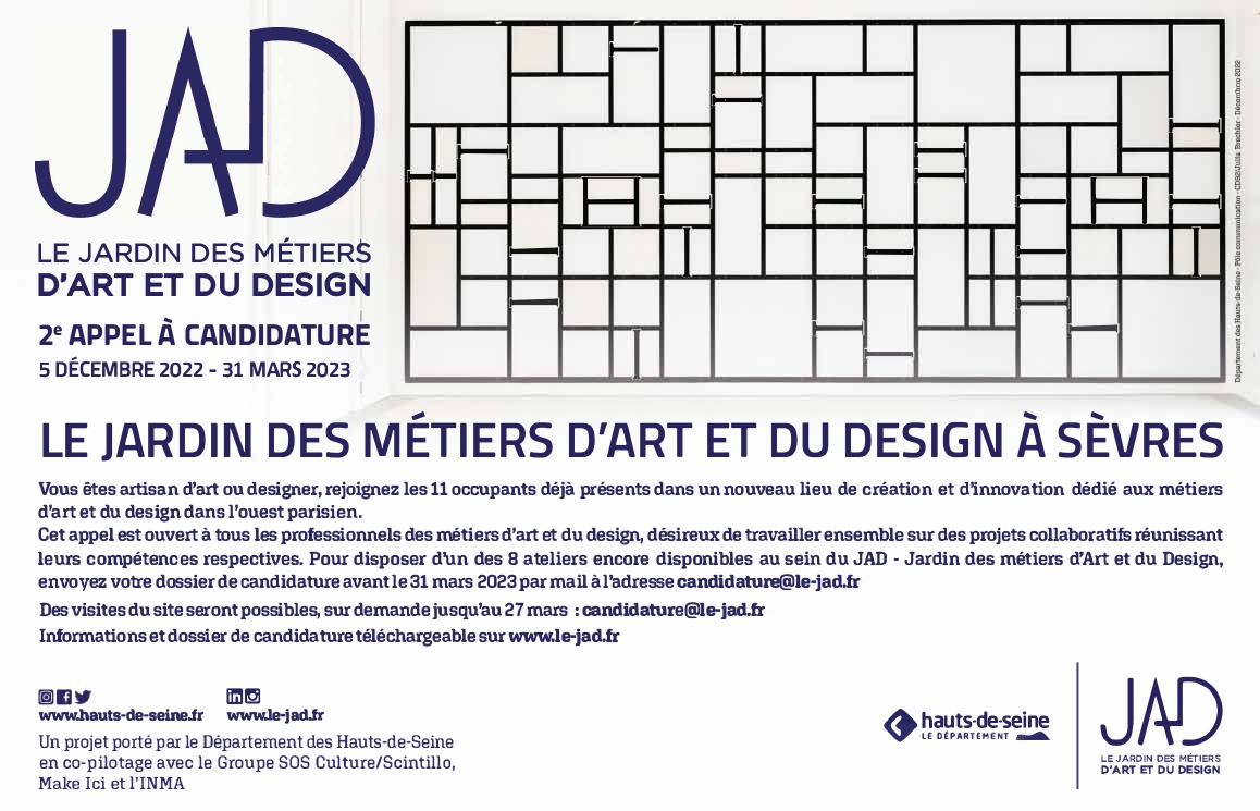 📌Prolongation de l'appel à candidatures du JAD ! 

Vous avez désormais jusqu'au 31 mars 18h pour déposer votre dossier afin de rejoindre un atelier dans ce haut lieu de la création métiers d'art &amp; design.

Plus d'information ici : ow.ly/wyY550N0lY0