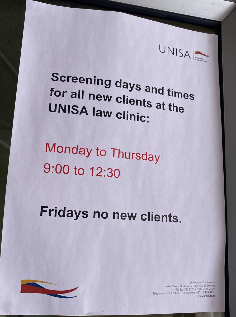 We offer free legal services <a href="/unisalawclinic/">UNISALawClinic_Official</a> Polokwane. 

Please retweet for someone that might need assistance in these matters.🙏🏾