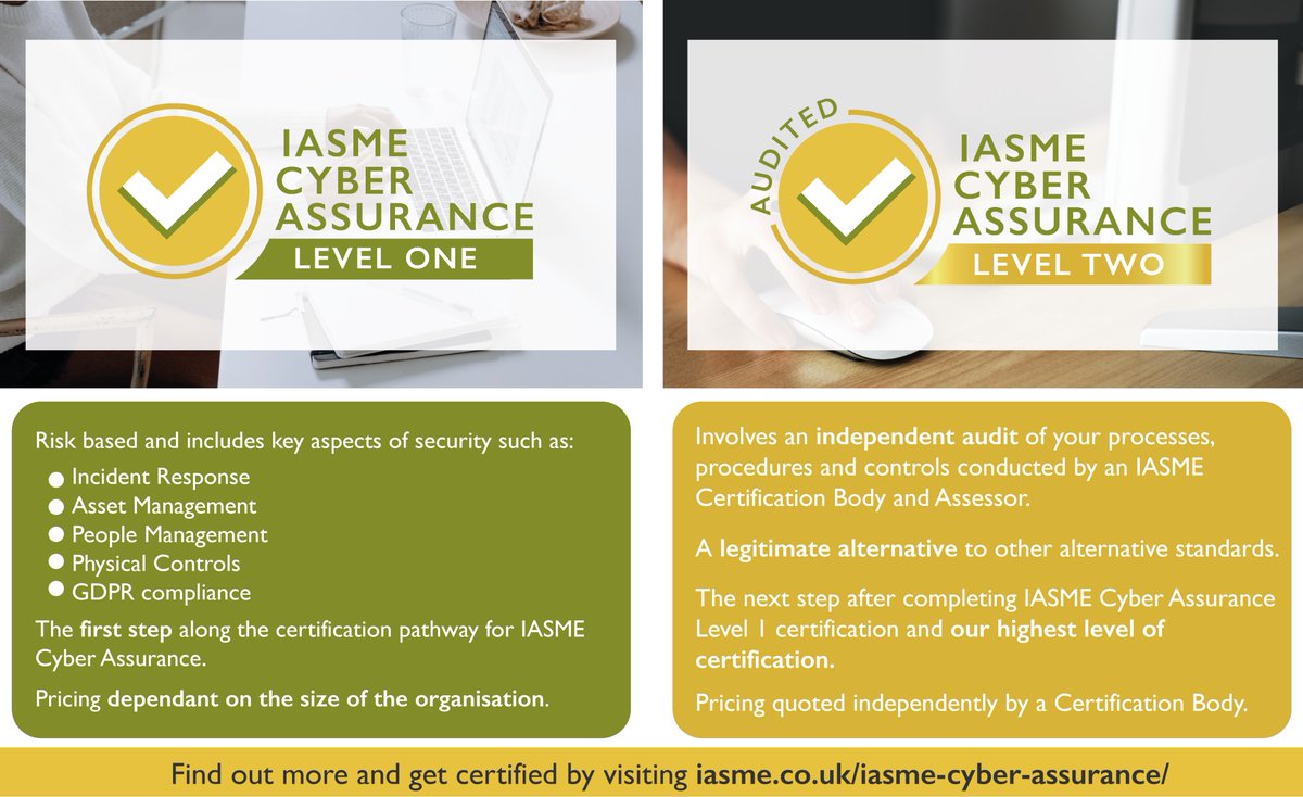 IASME1's tweet image. #IASMECyberAssurance is available in 2 levels:

👉 IASME Cyber Assurance Level 1 is risk based &amp;amp; includes key aspects of #security.

👉 IASME Cyber Assurance Level 2 involves an independent #audit of your processes, procedures &amp;amp; controls.

Find out more ➡️ iasme.co.uk/iasme-cyber-as…
