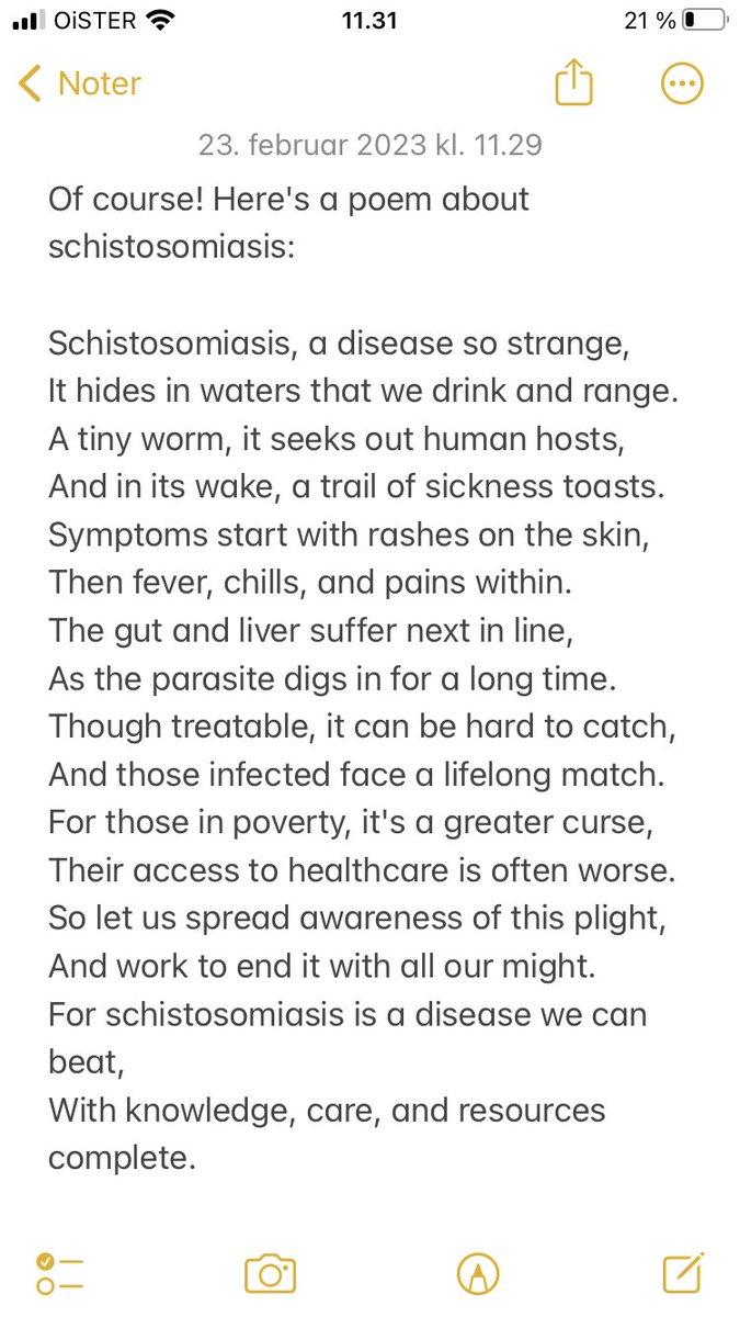 AKildemoes's tweet photo. Today’s #ChatGPT poem on #schistosomiasis https://t.co/qDUVW2Ohcy