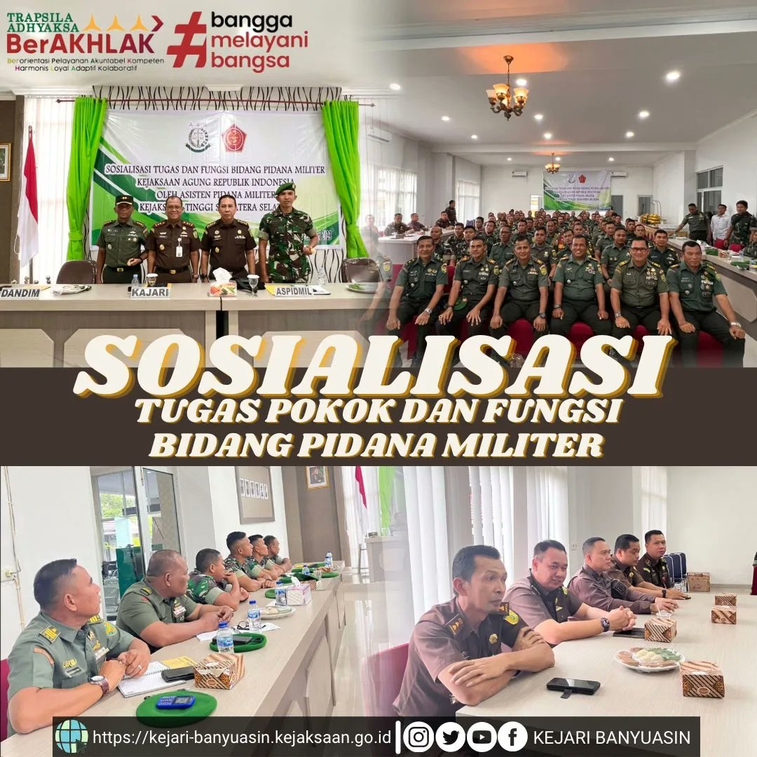 kejatisumsel's tweet photo. #repost @kejaribanyuasin
--
pada hari ini Rabu tanggal 23 Februari 2023 pukul 09.00 WIB bertempat di Aula Kantor Kejaksaan Negeri Banyuasin dilaksanakan Sosialisasi dengan materi Sosialisasi Bidang Pidana Militer dalam Struktur Kejaksaan Republik Indonesia.
Adapun yang menjadi https://t.co/MjUhrQ0GQL