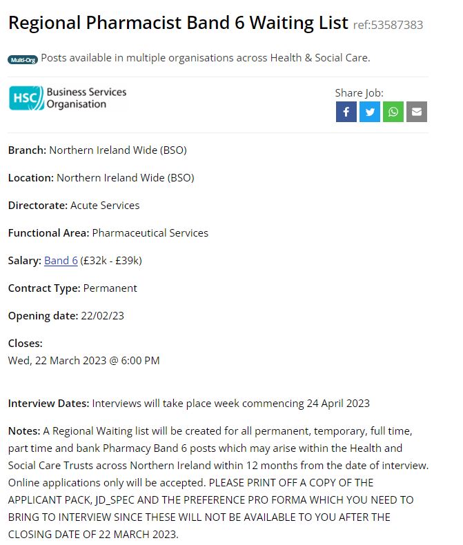 Regional Pharmacist Band 6 Waiting List now live for applications. Click for more info: jobs.hscni.net/Job/27064/regi…