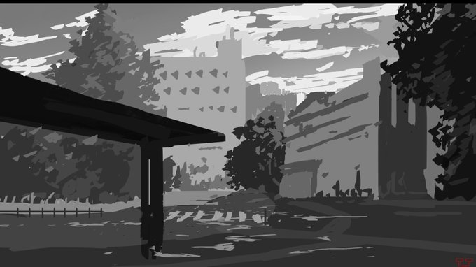 三鷹駅 北口初めにモノクロやベタでラフを描くと考え方がまとまりやすいです!!#背景  #イラスト 