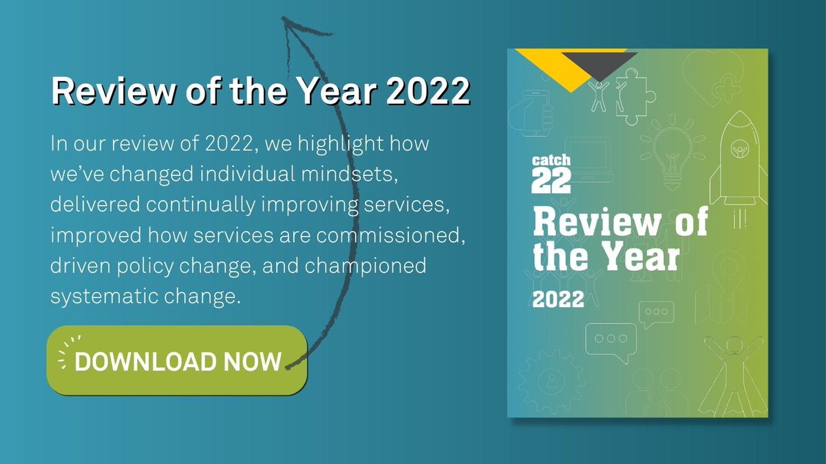 Catch22's tweet photo. In our Review of the Year for 2022, we highlight how how Catch22 has changed individual mindsets, delivered continually improving services, improved how services are commissioned, driven policy change, and championed systematic change. 

Read more here: https://t.co/EYEgbkgRii https://t.co/dRjPwrdaLq