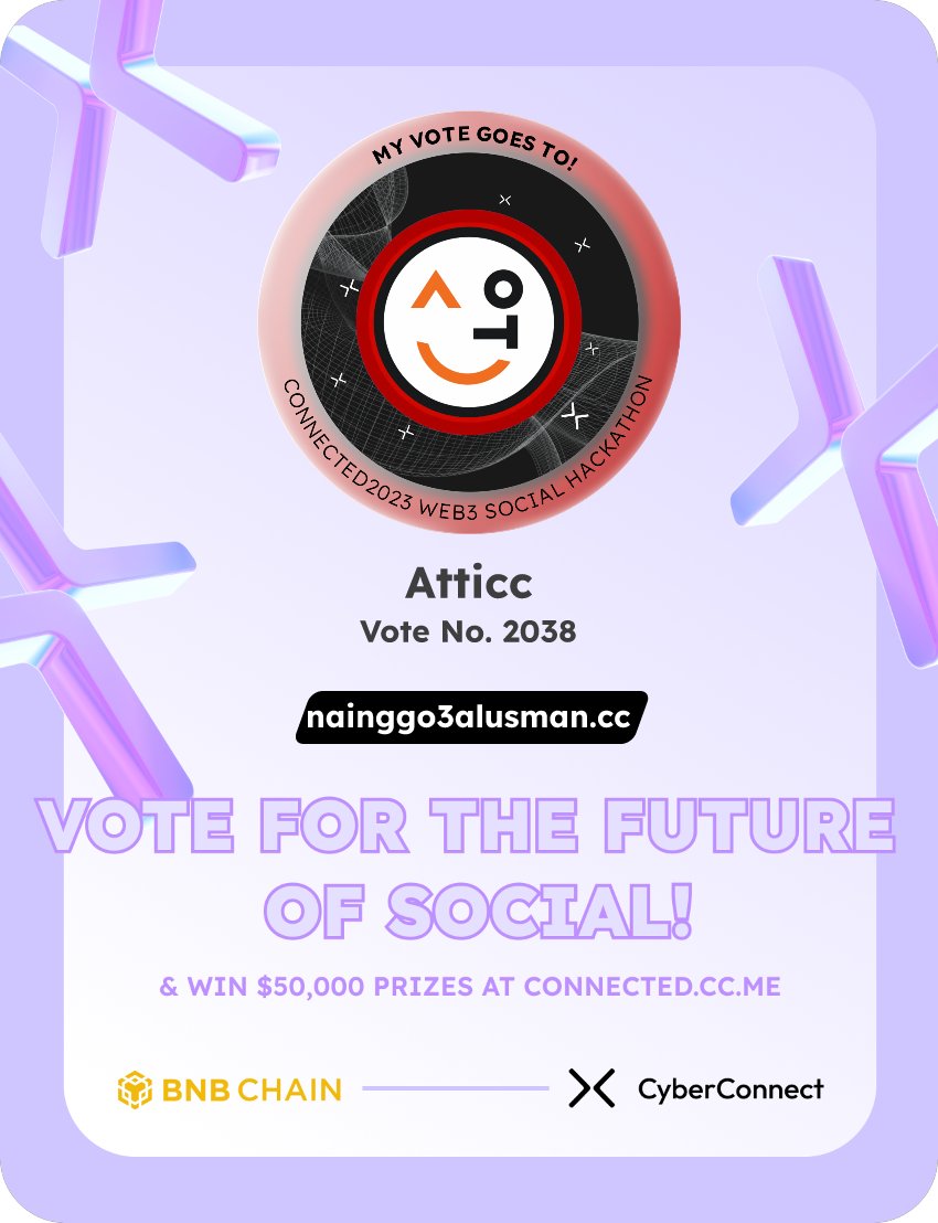 Nainggo3Alusman's tweet photo. Just voted for my favorite project Atticc in #Connected2023, a Web3 Social hackathon by @CyberConnectHQ the social graph protocol &amp; @BNBCHAIN
Join me to vote for a better social and win $50,000-$100,000 prizes!
https://t.co/ICZ2NO5P87
sig:z2pe01 
  https://t.co/BIPYje5Wob https://t.co/1aPoNhWsBh