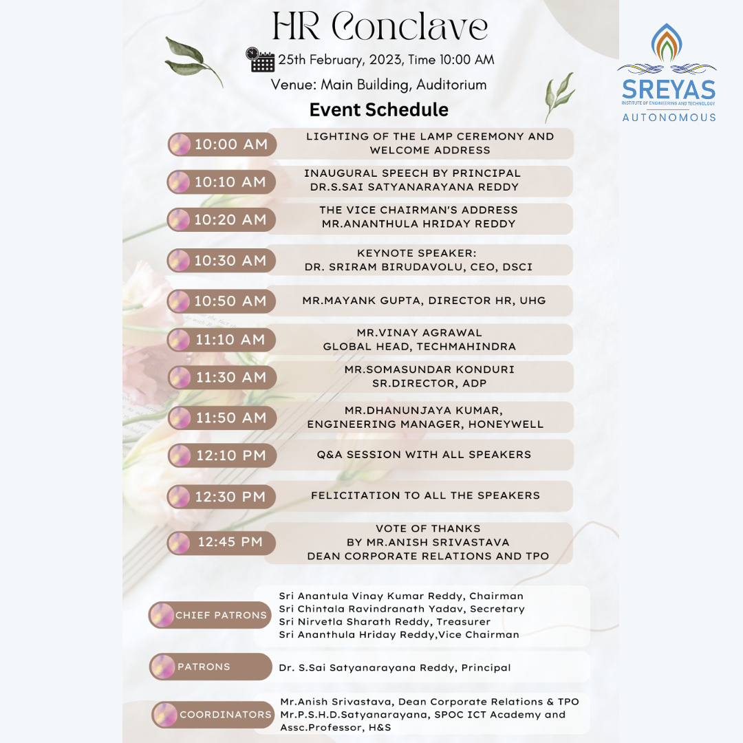 sreyasinstitute's tweet image. Exciting news for Sreyas Institute students! 
Join industry experts at the HR Conclave on Feb. 25th to learn about HR trends &amp;amp; practices, network with reps &amp;amp; gain recruitment insights. 
Don&apos;t miss out! 
#TrainingandPlacement #ICTAcademy #HRConclave #CareerGrowth