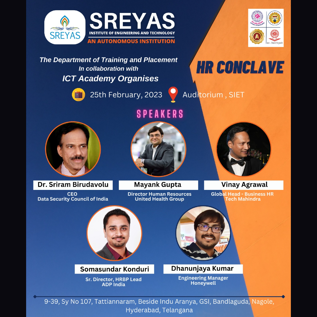sreyasinstitute's tweet image. Exciting news for Sreyas Institute students! 
Join industry experts at the HR Conclave on Feb. 25th to learn about HR trends &amp;amp; practices, network with reps &amp;amp; gain recruitment insights. 
Don&apos;t miss out! 
#TrainingandPlacement #ICTAcademy #HRConclave #CareerGrowth
