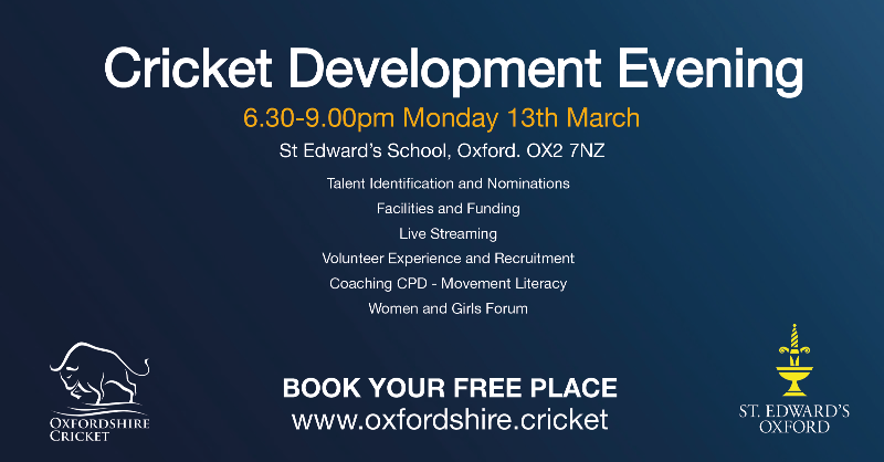 Oxoncb's tweet photo. 🔊 We would like to invite you to our Cricket Development Evening on Monday 13th March from 18.30-21:00 @TeddiesOxford

🏏 Talent ID &amp; Nominations
🏏 Facilities &amp; Funding
🏏 Live Streaming
🏏 Volunteer Experience &amp; Recruitment
🏏 Movement Literacy
🏏 Women &amp; Girls Forum