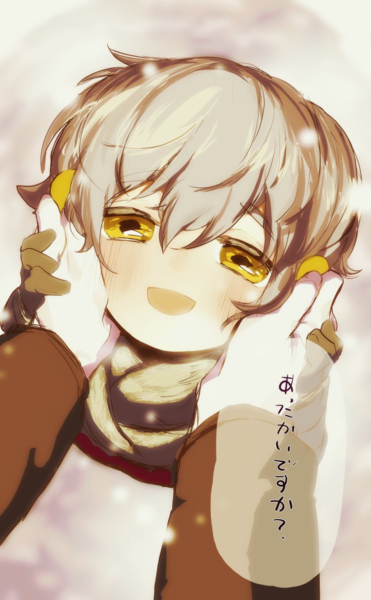 1boy hands on another's face yellow eyes male focus open mouth smile blush  illustration images