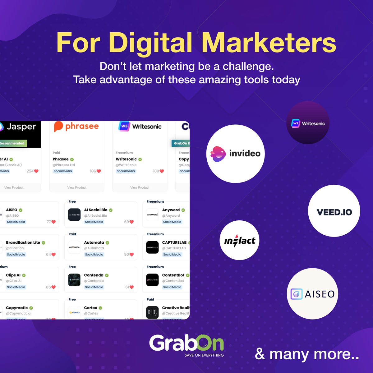 GrabOnIn's tweet photo. Get your productivity into overdrive! We've got 3000+ AI Tools to make every job role easier. Check out the link for easy access to the tools you need ⚡️
https://t.co/5pbOY5RXqL
#BoostYourProductivity #GrabOn #aitools #digitalmarketingtools #designertools #contentwritingtools https://t.co/iSc7EZfWCp