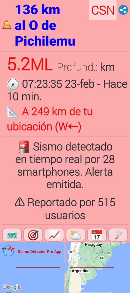 #sismo M5.2,  136 km al O de Pichilemu. Reportado a través de la app Sismo Detector. Descarga la app desde sismo.app/download/ para recibir alertas de #sismo en tiempo real <a href="/SismoDetector/">Earthquake Network</a>