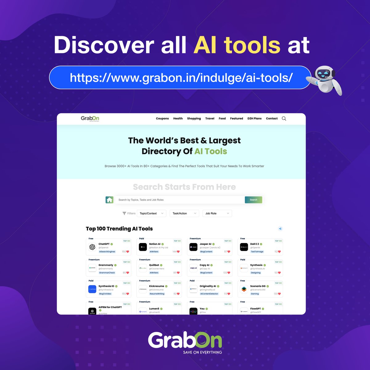 GrabOnIn's tweet photo. Get your productivity into overdrive! We've got 3000+ AI Tools to make every job role easier. Check out the link for easy access to the tools you need ⚡️
https://t.co/5pbOY5RXqL
#BoostYourProductivity #GrabOn #aitools #digitalmarketingtools #designertools #contentwritingtools https://t.co/4UILeX3fvn