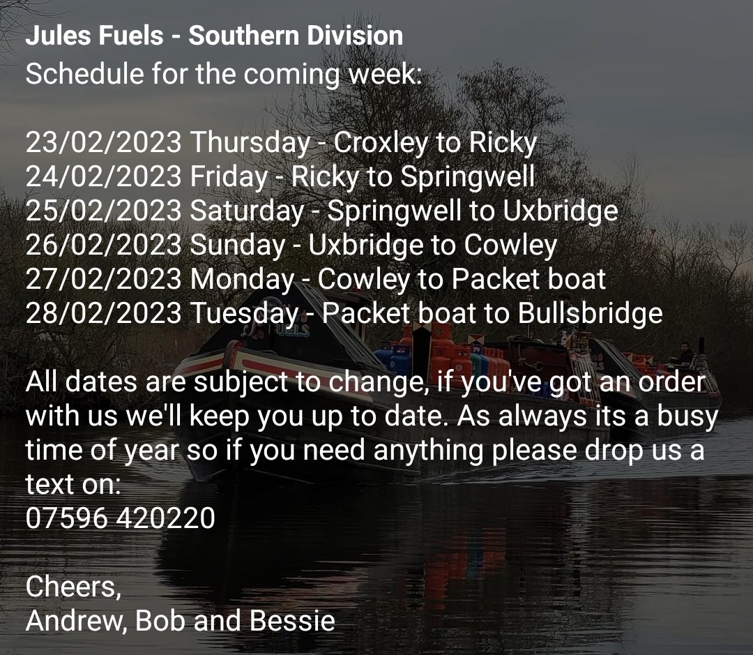 FuelsJules's tweet photo. New schedule update, drop us a text if you need anything! 07596 420220 https://t.co/xBXDFrWhDw