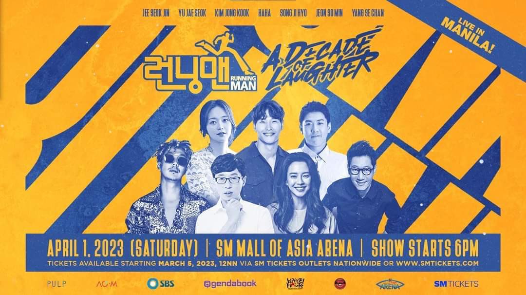 THE LONG WAIT IS OVER! Running Man is coming to the Philippines on April 1, 2023 at SM MALL OF ASIA ARENA 💙💛

Ticketing starts on March 5, 2023 12nn via <a href="/smtickets/">SM Tickets</a> . For more details please follow <a href="/pulpliveworld/">PULP Live World</a>! 

SA WAKAS! PARATANG NA SILA!
#RUNNINGMANinMANILA