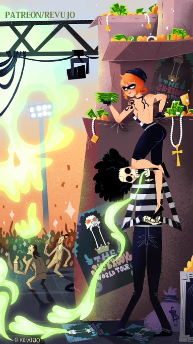 Last Month illustrations. Zoro lost in ruined Wano, Luffy &amp; Ussop in Elbaf, Sanji waiter in the rain and Nami &amp; Brook stealing back royalty money.If you'd want this every week (mostly), you know what you can do!  