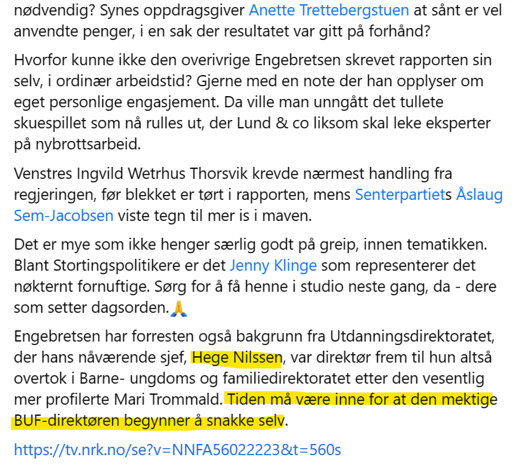 elingre1's tweet photo. Det ble et selsomt innslag, @NRKesp1. Ikke pga deg, men fordi den ustyrlige byråkraten lyn-leste fra et blomstrende manus, i begeistring over "Lund & co" som har "utredet" bestillingen. Fra ham, #FRI og #Rosakompetanse. Betalt via #BUFdir. https://t.co/ATKa805YHZ https://t.co/BTjT0LnGZx