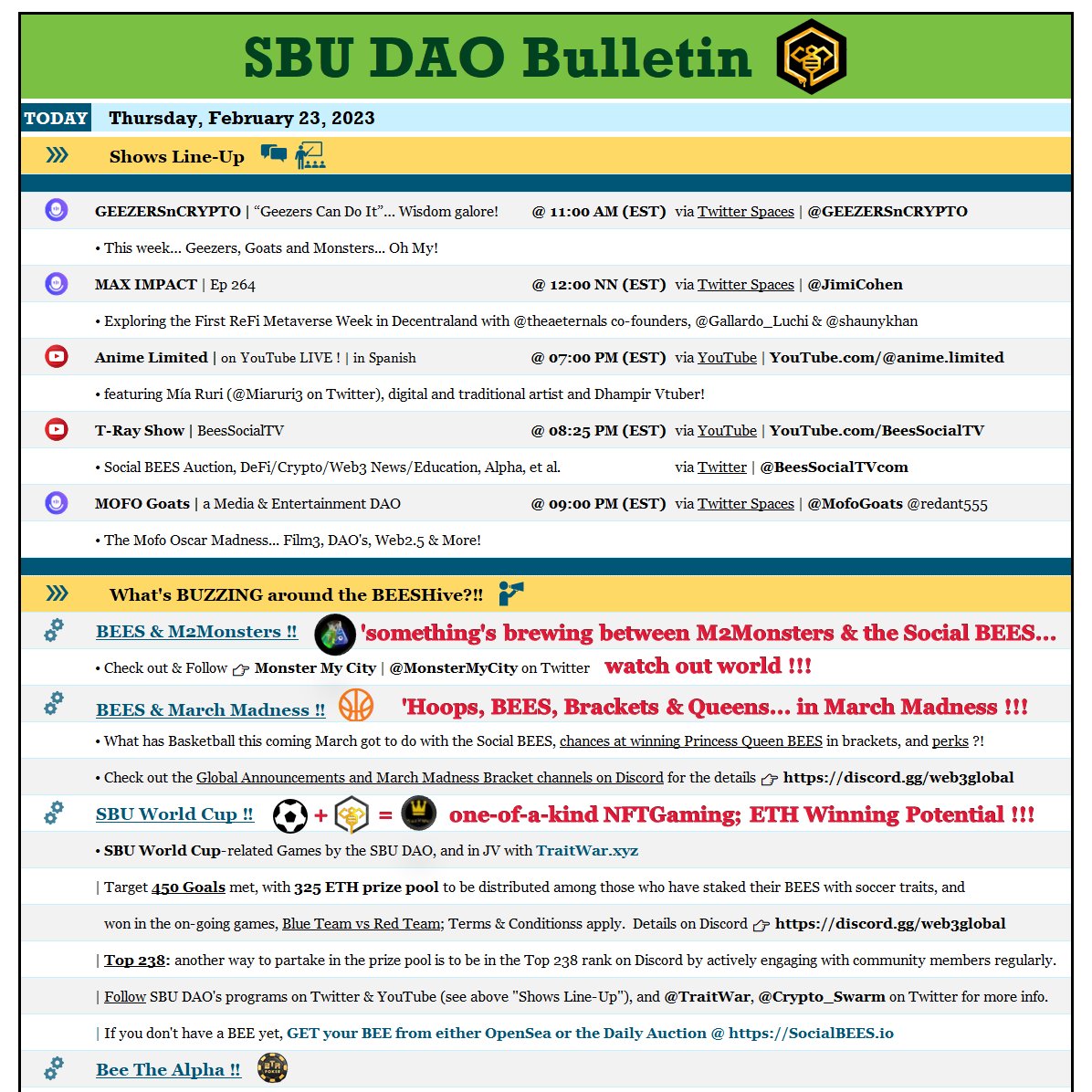 MyCryptoAdvent8's tweet photo. Social BEES University DAO
Daily Bulletin
What's happening this THU, 23 Feb 2023 ⤵️
https://t.co/JeRKef3iQy 🐝
@Crypto_Swarm
#SBUDAO $BHNY #ApexBEES #OwnerEconomy https://t.co/u4BMCyL9ur