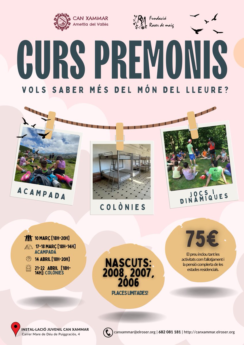 CanXammar's tweet photo. Vols saber més del món del lleure? Vine al curs de premonis organitzat per la @FundacioRM i que tindrà lloc a Can Xammar (Ametlla del Vallès)! 
Les places són limitades! https://t.co/7gen5h0qKF