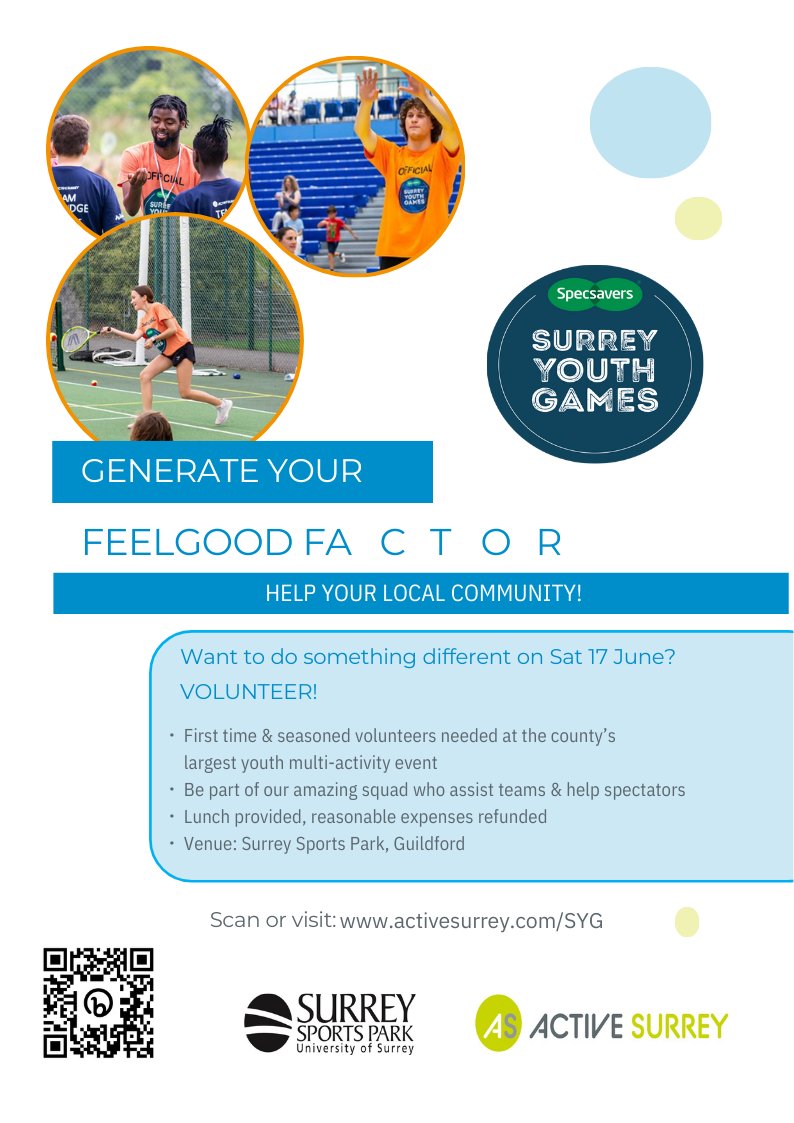 CSVACTION's tweet photo. Surrey Youth Games is back for 2023!
@ActiveSurrey are looking for #volunteers on Sat 17th June to help out at #Surreys largest youth multi activity event.
Scan below or visit https://t.co/KGGNpOrGXQ to sign up.
@Specsavers #letsgetactive https://t.co/P1YZVc7JMn