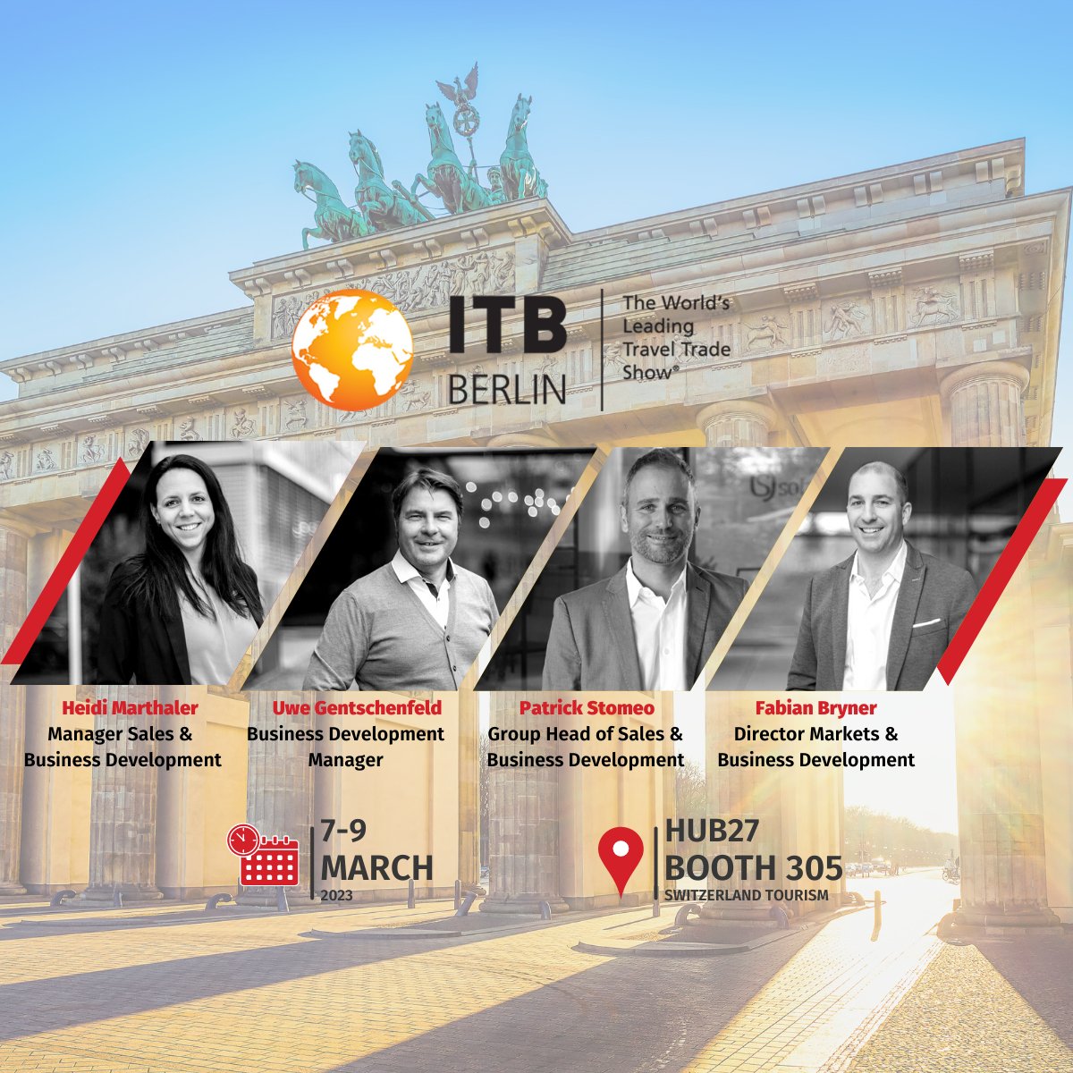 Switzerland Travel Centre (@stczuerich) on Twitter photo Vom 7. bis 9. März trifft sich die Reisebranche an der <a href="/ITB_Berlin/">ITB Berlin</a> - und wir sind mit dabei!
Heidi Marthaler, Uwe Gentschenfeld, Patrick Stomeo und Fabian Bryner freuen sich auf deinen Besuch in Halle Hub27 am Stand 305 von <a href="/MySwitzerland_d/">Schweiz Tourismus</a> 🇨🇭
#ITBBerlin Vom 7. bis 9. März trifft sich die Reisebranche an der <a href="/ITB_Berlin/">ITB Berlin</a> - und wir sind mit dabei!
Heidi Marthaler, Uwe Gentschenfeld, Patrick Stomeo und Fabian Bryner freuen sich auf deinen Besuch in Halle Hub27 am Stand 305 von <a href="/MySwitzerland_d/">Schweiz Tourismus</a> 🇨🇭
#ITBBerlin