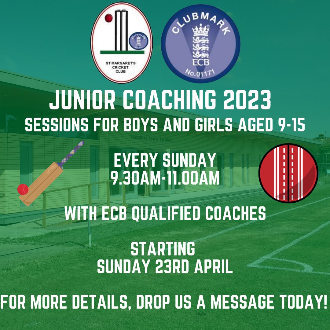 Our junior coaching for 2023 will begin on Sunday 23rd April.

If you’d like to join and are interested in giving it a go, get in touch with us today about joining the St Margaret’s family!

#UpTheSaints #SuffolkCricket #YouthCricket