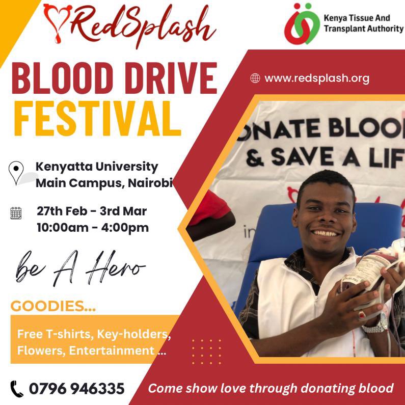 As we continue advocating for regular and voluntary blood donation, we ask you to join us this coming week <a href="/KenyattaUni/">Kenyatta University #ExperienceKU</a> for #BloodDriveFestival 
Join our community of life savers🩸
Be a hero💪