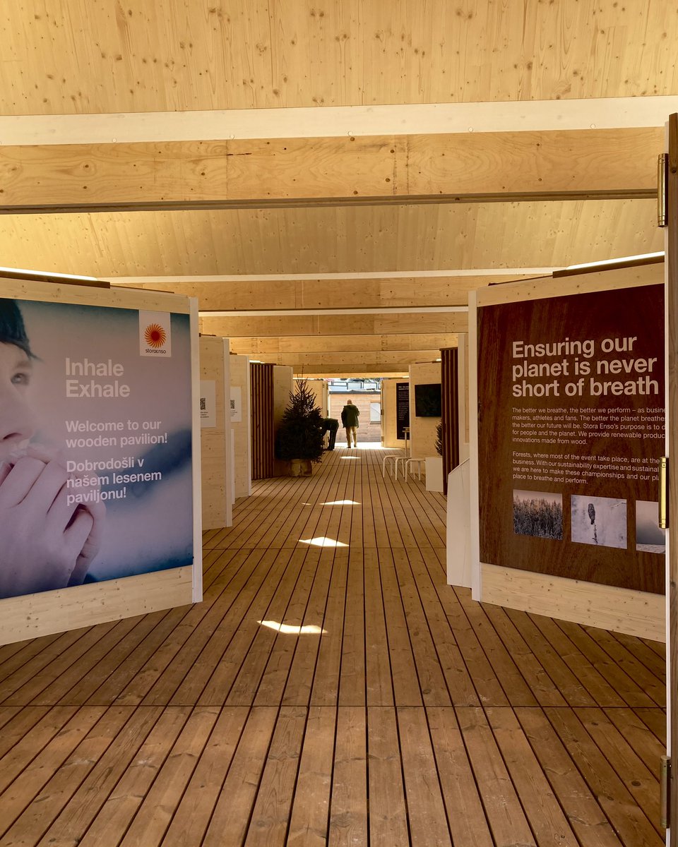 PlanicaNordic's tweet photo. Welcome to @storaenso pavilion in the heart of Planica venue!🌳Here you can find all their products they make from recyclable materials and even the whole pavilion is made out of 100% wood, which, after the event, will be reused.
#inhaleexhale #planica2023 #sustainability https://t.co/xflp872vls