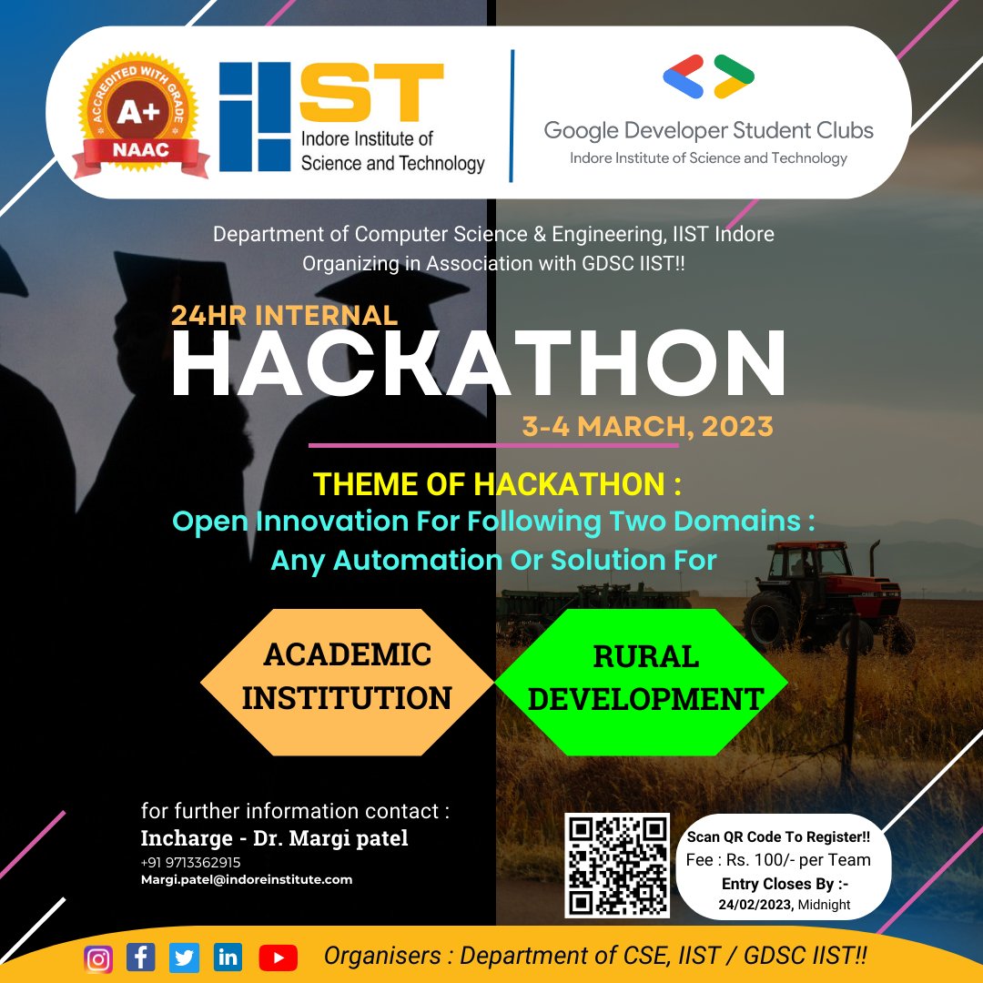 GDSC_IIST's tweet photo. Calling all IISTians!Don't miss your chance to take part in our 24-hour internal hackathon.
📅Save the date: 3-4 March'23 
👉Registration Link:https://t.co/3eFu6Gj5w1
 #hackathon #iist #ruraldevelopment #academicinstitutions #coding #hardware #innovation #teamwork https://t.co/t1HeNiJjNo