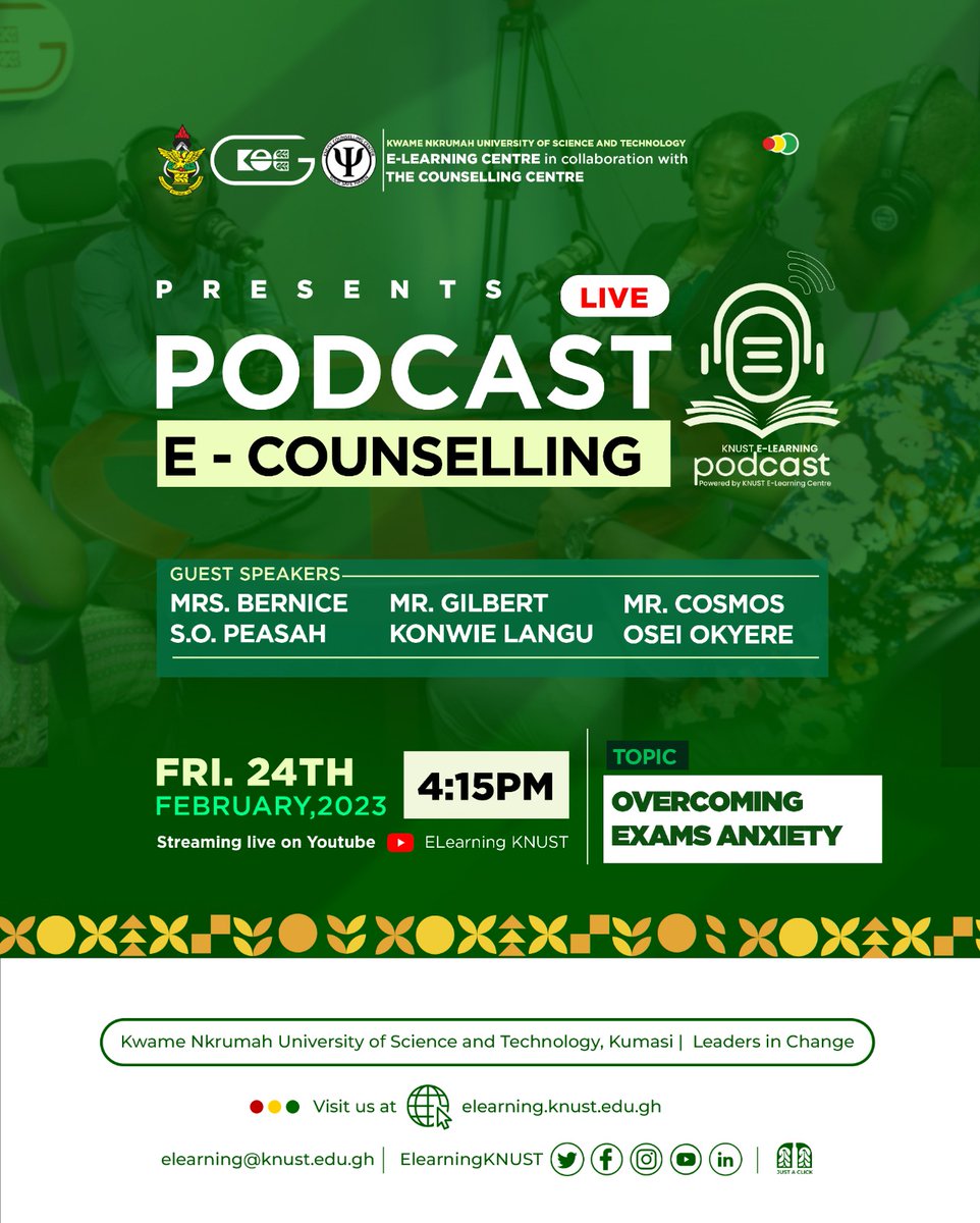 ElearningKnust's tweet photo. "Overcoming Exams Anxiety", the 2nd edition of the E-counselling podcast, comes off live on YouTube at 4:15pm tomorrow, Friday 24th February 2023.
You can join the session via the link below:
https://t.co/CGUNBGNlwV

#elearning #podcast #knust https://t.co/jFdvnUvrlY