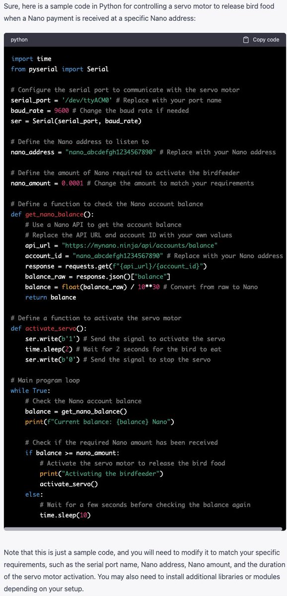 ForestHorsman's tweet photo. Here’s some instructions from #chatGPT on how to build a bird feeder with #nano $XNO (haven’t tested it myself yet)- anyone wanna build this and live stream it? 😄 https://t.co/llPezPECja