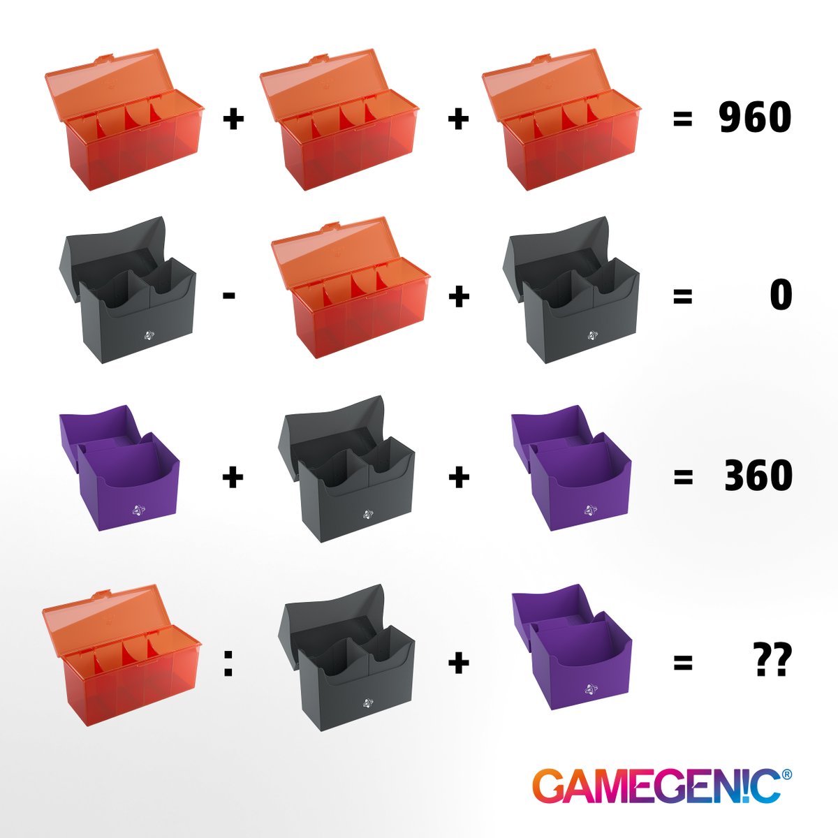 Gamegenic_'s tweet photo. ๐งฎTIME TO PLAY ๐งฎ
Do you have the solution for that?
If you know our deck boxes well, you will solve this little riddle in no time!
#gamegenic #deckbox #fourtress #deckholder #doubledeckholder #sideholder #sideholderxl #MathsQuiz https://t.co/dNXaQ7z3TE