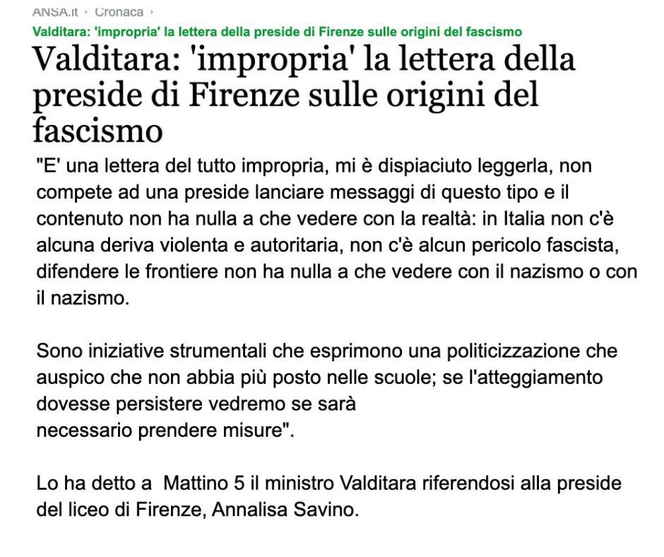 Secondo il Ministro #Valditara "in Italia non c'è nessun pericolo fascista".
Infatti basta minacciare provvedimenti a chiunque lo denunci ed il pericolo svanisce.

Dall'opinione pubblica.