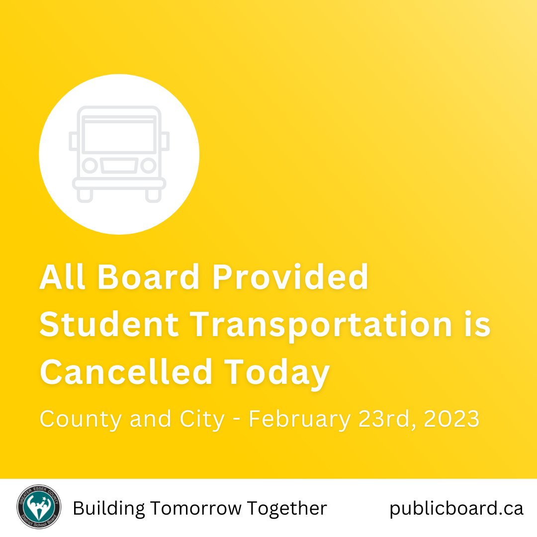 February 23rd, 2023: All Board provided student transportation is cancelled in the city and the county: bit.ly/3W04nLn
