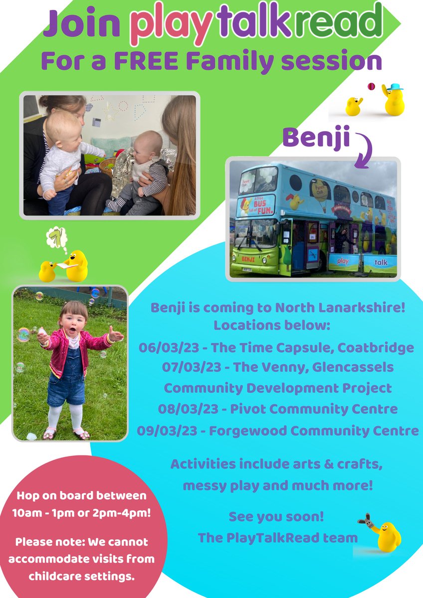 Hop on board the play, talk, read bus for fun activities with your 0-4 year old 🥳