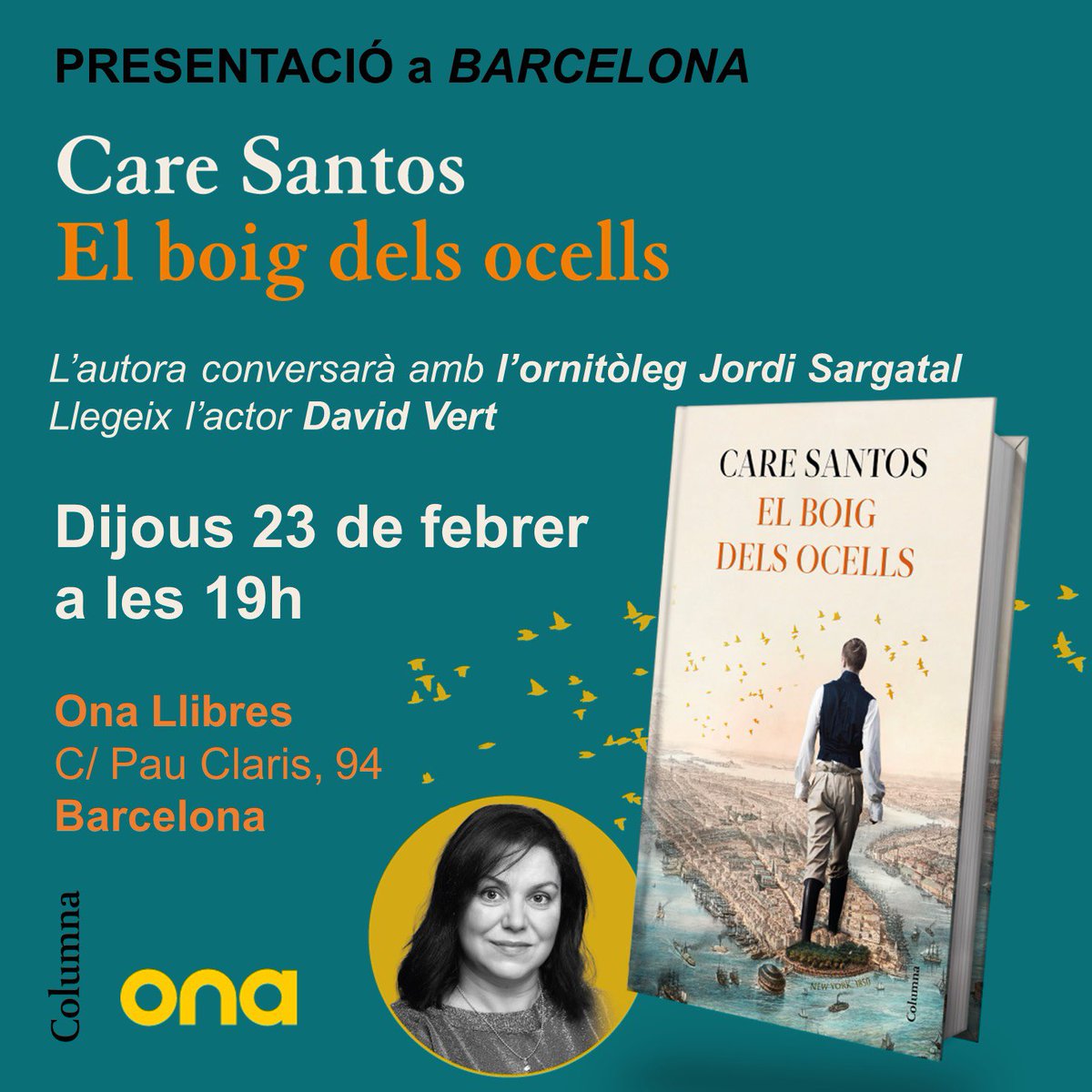 Avui Barcelona! 
👉🏽ONA LLIBRES. 19 h.
Tindré dos acompanyants de luxe: l'ornitòleg Jordi Sargatal i l'actor <a href="/DavidVert/">David Vert</a>

Veniu a volar? 
<a href="/columnaedicions/">Columna</a> <a href="/Planetadelibros/">PlanetadeLibros</a>