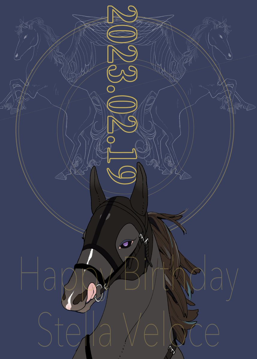no humans horse purple eyes blue background solo simple background english text  illustration images