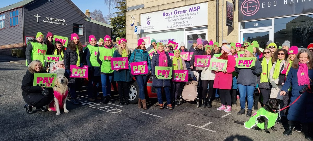 EISUnion's tweet photo. EIS members gather outside Ross Greer's Office today to send a message that COSLA and the Scottish Government must #PayAttention and deliver a fair pay rise to Scotland's hardworking and dedicated teaching professionals. #EISStrike https://t.co/1eEGjh0had