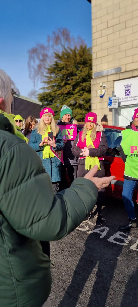 EISUnion's tweet photo. EIS members gather outside Ross Greer's Office today to send a message that COSLA and the Scottish Government must #PayAttention and deliver a fair pay rise to Scotland's hardworking and dedicated teaching professionals. #EISStrike https://t.co/1eEGjh0had
