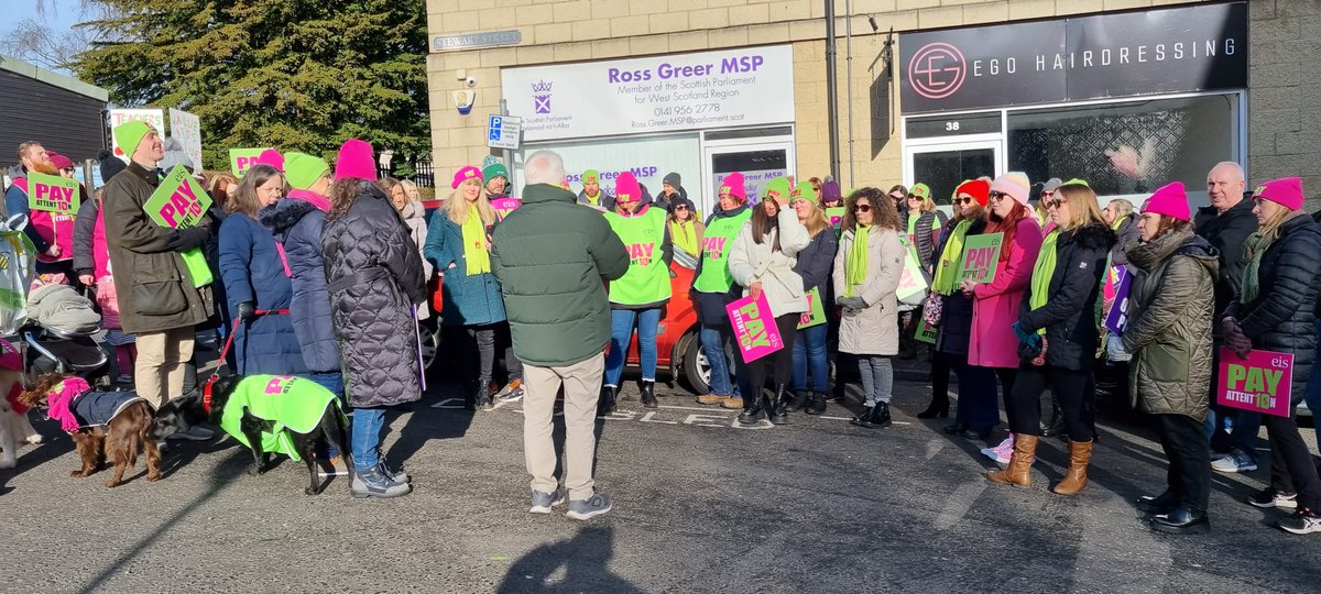 EISUnion's tweet photo. EIS members gather outside Ross Greer's Office today to send a message that COSLA and the Scottish Government must #PayAttention and deliver a fair pay rise to Scotland's hardworking and dedicated teaching professionals. #EISStrike https://t.co/1eEGjh0had
