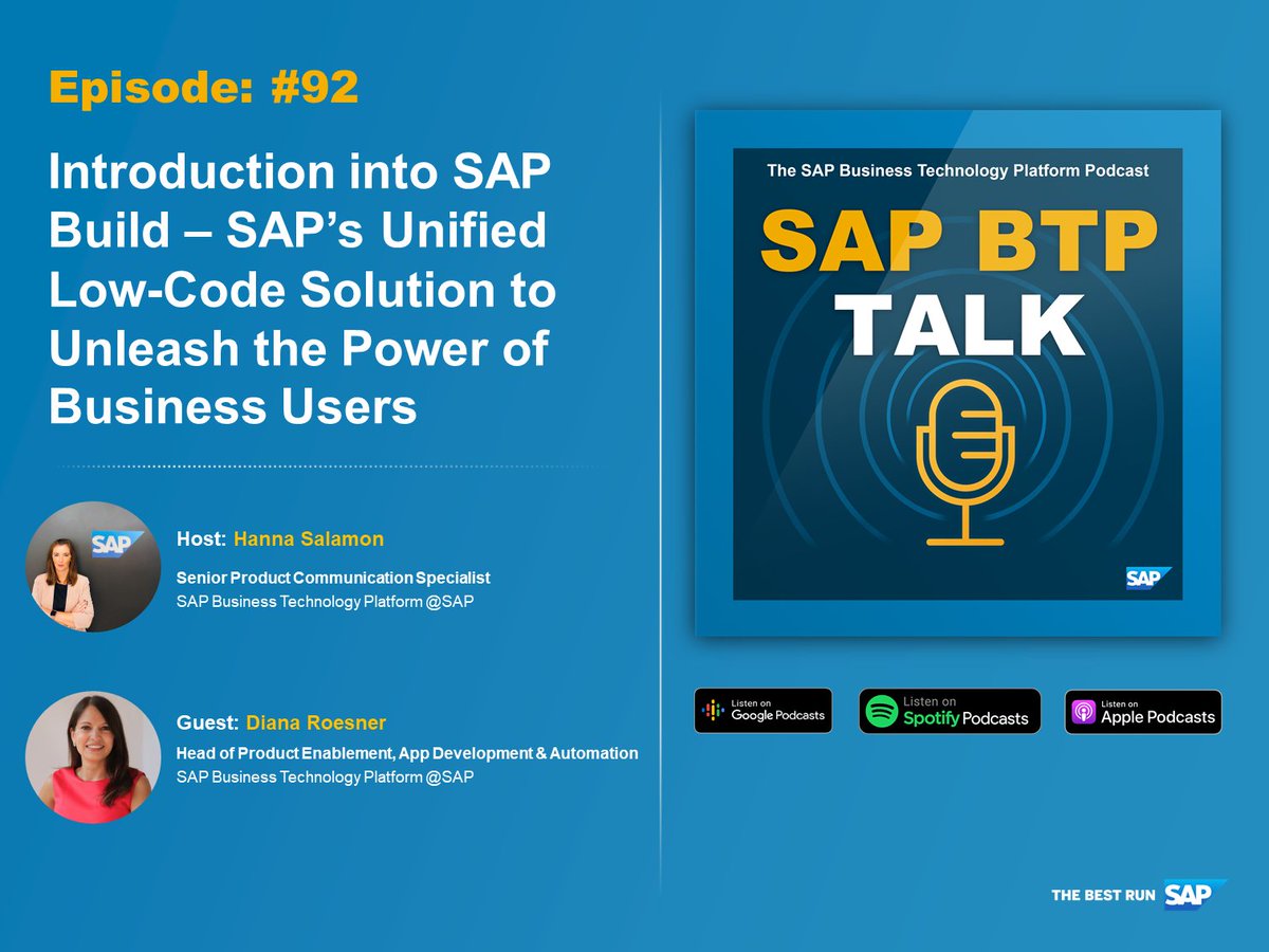 ha_nn_aS's tweet image. 🎧 New SAP BTP Talk:
I'm talking to @RoesnerDiana about the new #lowcode solution #SAPBuild. Learn how it helps accelerate your development and automation goals by creating enterprise applications without code. ▶️ Tune in now: podcast.opensap.info/cloud-platform…
#SAPBTP @openSAP @sapbtp