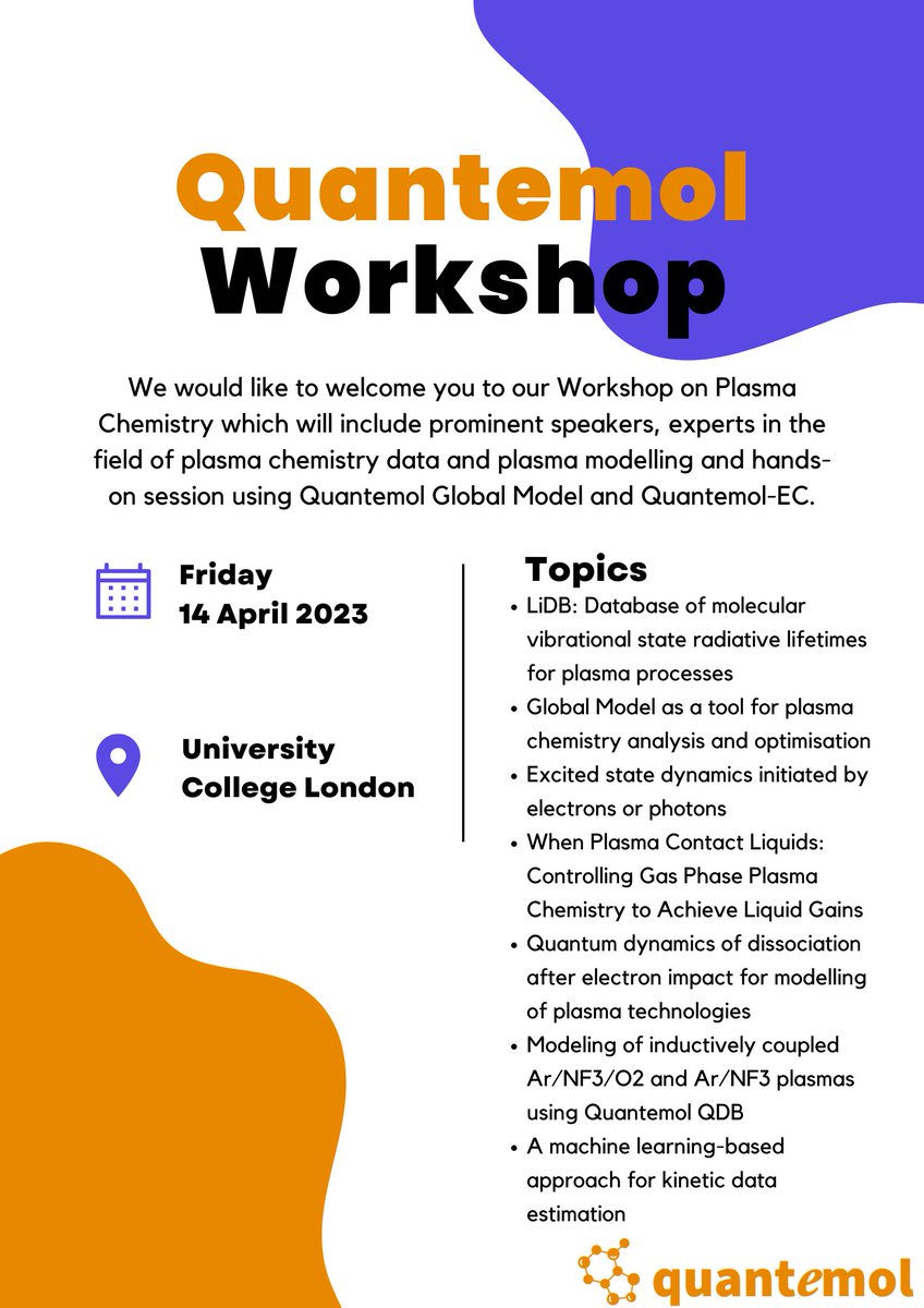 In case you missed our previous post, we are hosting a workshop on Friday 14th April 2023 in London! Please note that this is an in-person event only. To register please visit: lnkd.in/e5cvyUSm

#Quantemol #Plasmachemistry