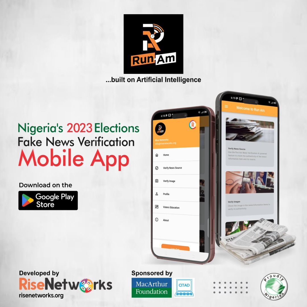 Risenetworks's tweet photo. "Don't let #fakenews sway your vote this #2023elections
Use the Run Am app to verify news sources, fact-check images, and stay fully informed.
Download now!
https://t.co/HONXVbS7oF
@OfficialAPCNg @OfficialPDPNig @NgLabour @inecnigeria
#Runamapp #ArtificialIntelligence https://t.co/T5fiTSzVxY