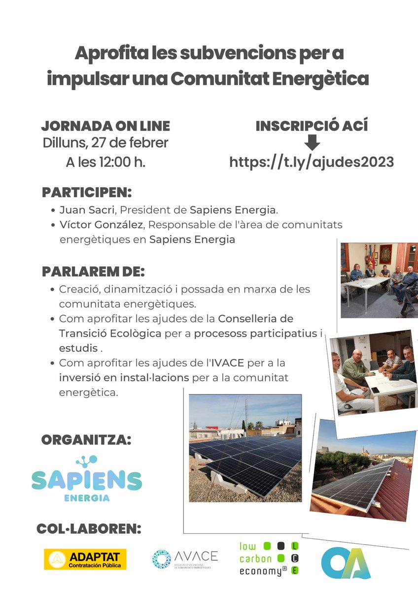 AdaptatP's tweet photo. 🔜 El próximo lunes 🗓️ 27 de febrero a las 🕛 12h colaboramos en una charla 🗣️ sobre el aprovechamiento de las #subvenciones para impulsar una Comunidad Energética 🤝⚡ con la participación de @sapiensenergia 

¡Inscríbete aquí! 👇
🌐 https://t.co/GxcgYm4wNv https://t.co/tbzFplXPhp
