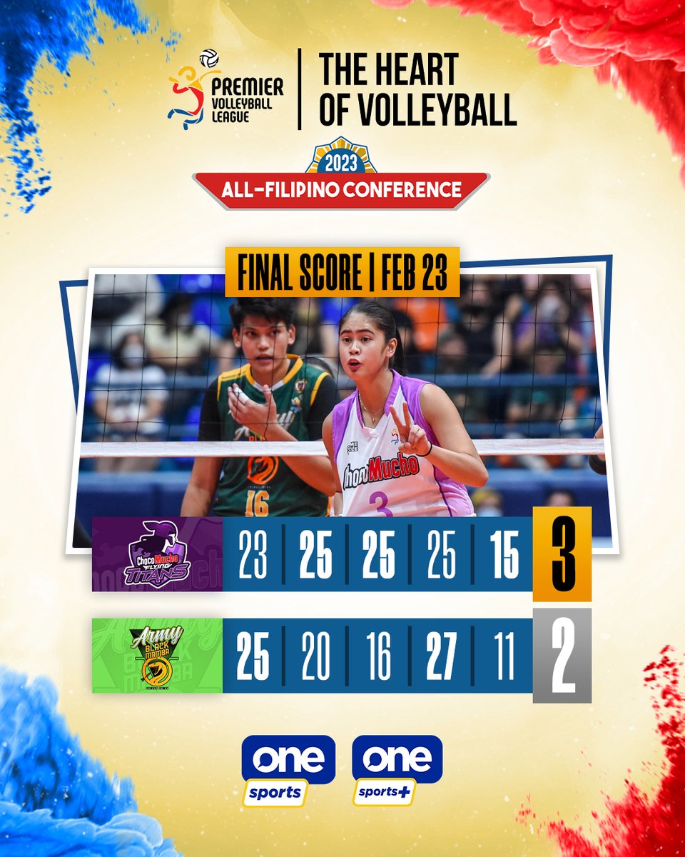 OneSportsPHL's tweet photo. TITAN FINISH! 💜🍫

The purple girls are back in the W column after defeating Army-Black Mamba! 

#PVL2023 #TheHeartofVolleyball #PVLonOneSports https://t.co/LRxo0Ch0Gk