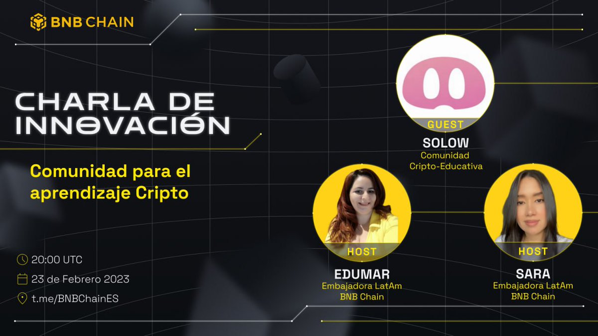 📌Atención comunidad, hoy tenemos como invitado a <a href="/solowcripto/">Solow 🐽</a>, conversaremos sobre el rol fundamental de las comunidades para el aprendizaje cripto.

Acompáñanos🚀

🗓  23-02
⏰  20:00 UTC
📍t.me/BNBchainES
Host:  @SaraGirald y @cryptolara23                    Habrá OAT