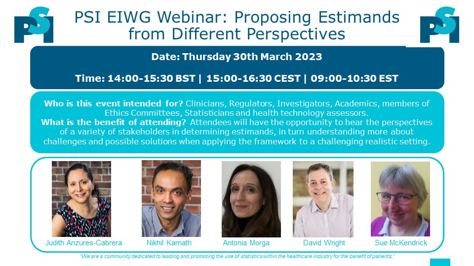 Join the PSI EIWG Webinar: Proposing Estimands from Different Perspectives!

Date: Thursday 30th March 2023
Time: 14:00-15:30 BST | 15:00-16:30 CEST | 09:00-10:30 EST 

Find out more here: zurl.co/4GzZ 

#estimands #PSICommunity