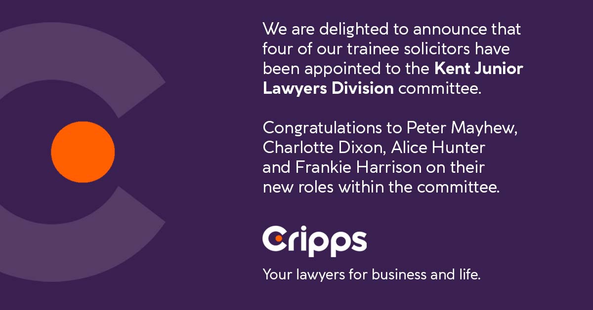 We are delighted to announce that four of our trainee solicitors have been appointed to the @KentJLD committee.

The appointments are Peter Mayhew as Treasurer, Charlotte Dixon as Secretary, Alice Hunter as IT Coordinator and Frankie Harrison as Events and Awards Coordinator. https://t.co/fO1xBOMRfd